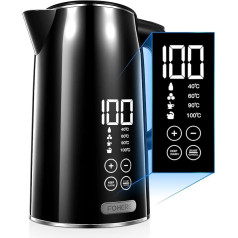 FOHERE Kettle with Temperature Setting, Stainless Steel, 2200 W, Black, Double Wall Construction, LED Temperature Display, 240 Min. Keep Warm Function, from 40 °C to 100 °C