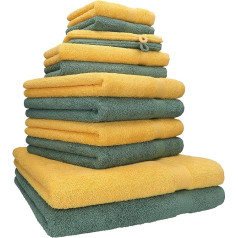 Betz 12-Piece Premium Hand Towel Set 100% Cotton 2 Bath Towels 4 Hand Towels 2 Guest Towels 2 Flannels 2 Wash Mitts Honey Yellow / Fir Green