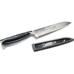 Genius Nicer Dicer Knife Professional Chef's Knife 20 cm - Extra Sharp Professional Knife Made of Stainless Steel with Serrated Edge and Protective Cover | Universal Use in the Kitchen, Black