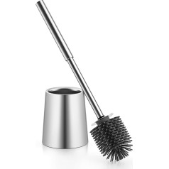 TOURRAMIT Toilet Brush, Durable and Reliable Toilet Brush, Toilet Brush and Container with Stainless Steel Handle and Brush Holder, High-Quality Silicone Brush Head for Toilet and Bathroom, Silver