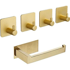 Self Adhesive Hooks and Tissue Holder, Gold Stainless Steel 4 Hooks and 1 Tissue Holder for Kitchen, Bathroom, Bedroom, Toilet