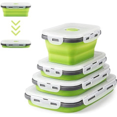 Virklyee Foldable Food Storage Boxes, 4 Pieces, Foldable Food Storage Containers, Lunch Boxes Made of Silicone, Foldable Silicone Food Storage Containers, Foldable, Easy to Clean, Easy to Carry (Green