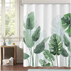 VBOK IGFE Shower Curtain 180 x 200 cm, Green Leaves Plant Pattern Hem Anti-Mould Textile, Water-Repellent, Washable Polyester Fabric Bath Curtain for Bathroom with 12 Shower Curtain Rings (180 x 200)