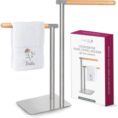 Bathroom Counter Towel Rack - Double Towel Rack for Bathroom Counter, 304 Stainless Steel and Bamboo Towel Rack, L-Shaped Towel Rack for 2 Towels with Non-Slip Pads