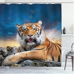 ABAKUHAUS Tiger Shower Curtain, Soothing Wild Animal Sunset, Water Opaque, Includes 12 Rings, Long-Lasting Bacteria and Mould Resistant, 175 x 200 cm, Navy Blue