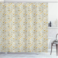 ABAKUHAUS Doodle Shower Curtain, Yellow Spring Flowers, with 12 Rings Set, Waterproof, Stemy, Modern, Colourfast and Mildew Resistant, 175 x 180 cm, Sea Green, Yellow, Black