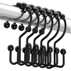 Titanker Metal Shower Curtain Hooks Rings Durable Rust Resistant Shower Curtain Hooks with Double Glide Castors for Bathroom Shower Rods Set of 12 Hooks Matte Black