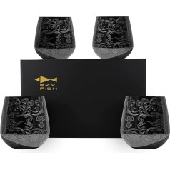 SKY FISH Stainless Steel Stemless Wine Glasses, Etched Stainless Steel Glasses, Set of 4 Gin Glasses, 500ml, Hand Wash, Black