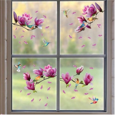 WALPLUS Spring Window Stickers Home Decoration Removable Reusable Double Sided for Glass Living Room Window Display Easter Pink Magnolia Flowers with Birds 88 Pieces