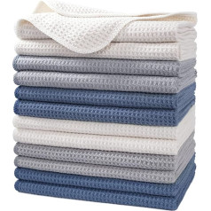 Polyte - Premium Microfibre Tea Towels - Waffle Texture - Dark Blue, Grey, Antique White - 41 x 71 cm - Pack of 12