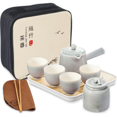 fanquare Chinese Porcelain Tea Set Traditional, Grey Glazed Kungfu Tea Set with Tea Bowl, Portable Tea Set with Case