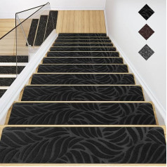 GOYLSER Stair Mats for Wooden Stairs, Non-Slip Stairs, Carpet, Steps, Felt Self-Adhesive Stair Mats Inside, Pack of 15, 76 x 20 cm, Black Banana Leaf