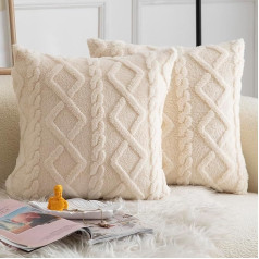 Madizz Set of 2 Double-Sided Short Wool Cushion Covers, Decorative Cushion Covers for Bedroom, Sofa Cushion Cover, 50 x 50 cm, Cream White