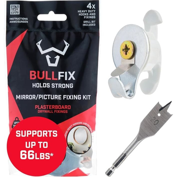 Bullfix Mirror Picture Hanging Kit - Heavy Duty Drywall Anchors for Pictures, Mirrors and Canvases - 4 Bullfix Universal Fixings with Collars, Hooks and Drill, Picture Frame Fixing Kit