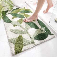 ZHAOMIMI Bath Mats 45 x 65 cm, Non-Slip Water Absorbent, Soft Microfibre, Bath Mat, Green Leaves Pattern for Living Room, Bedroom, Bathroom