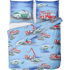 LINKHOFF Children's Bed Linen 135 x 200 cm Cotton Police Bed Linen Boys Flannelette Fire Brigade Bed Linen Children in Blue Pillowcase & Duvet Cover