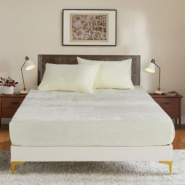 Luowei Winter Warm Fitted Sheet 180 x 200 cm Cashmere Touch Cuddly Fluffy Plush Beige Flannel Bed Sheet Fitted Sheet for Box Spring Bed Topper Mattress up to 30 cm High