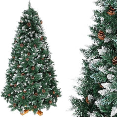 Bakaji King Premium Artificial Christmas Tree with Pine Cones, Natural White, Snowy Tips, Solid Wood Cross Base, Height 210 cm, 1178 Branches