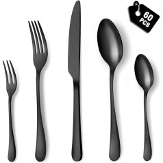 BEWOS Cutlery Set for 12 People, 60-Piece Black Cutlery Set Including Knife, Fork, Spoon, Cutlery Stainless Steel, Dishwasher Safe