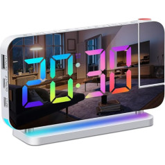 Digital Electronic Alarm Clock, Projection Alarm Clock with Colour Changing Night Light Base, 11 RGB Colour Changing, Dual USB Charging, 5 Level Volume Control, 6 Level Brightness Control (White)