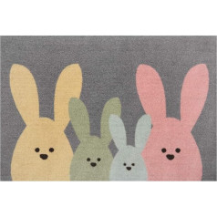 Hanse Home Printy Doormat for Indoor and Outdoor Use, 40 x 60 cm, Dirt Trapper Mat, Bunny Family with Rabbit Motif, Washable and Weatherproof, Non-Slip for Entrance Area and Outdoor Use, Grey,