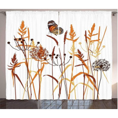 ABAKUHAUS Butterfly Rustic Leaf Composition Bedroom Ruffle Tape Curtain with Tabs and Hooks, 280 x 225 cm, Orange Bordeaux Red