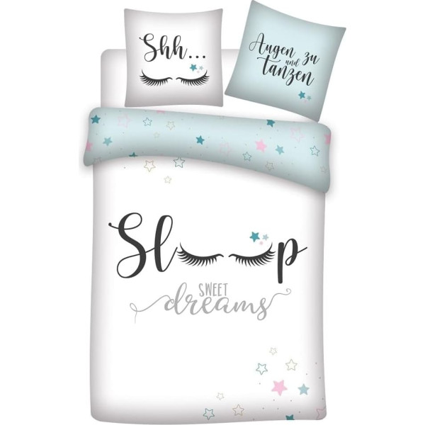 Familando Sweet Dreams Bed Linen 135 x 200 cm 100% Cotton Sleep Lashes Eyelashes Stars Bed Linen for Girls (Turquoise Blue)