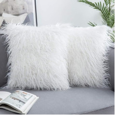 Miulee Set of 2 Soft Solid Decorative Square Fur Throw Cushion Covers Set Pillow Case for Sofa Bedroom Car 20 x 20 Inch 50 x 50 cm White