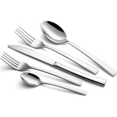 WUJO 24-Piece Stainless Steel Silver Cutlery Set Including Knife, Fork, Spoon, Teaspoon for 6 People - Mirror-Polished, Dishwasher-Safe