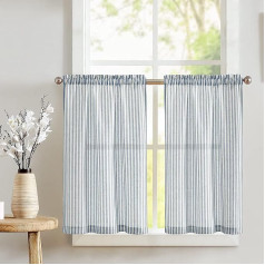 TOPICK Striped Panel Curtains, Linen Curtains with Stripes, Kitchen Curtain, Opaque, Short Kitchen Curtains for Kitchen, Dining Room, Bathroom, Small Window, 65 W x 90 H (cm) Blue on Beige