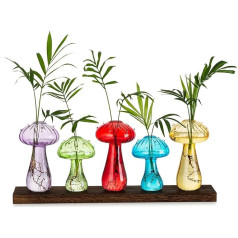 Glasseam Mushroom Shaped Glass Vase, Decorative Vase, Colourful Set of 5, Modern Flower Vases, Small Vases for Table Decoration, Mushroom Wooden Glass Vase Propagation Station for Coffee Table