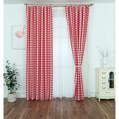 Yaland Home Fashion Decorative Curtain Checked Curtain Modern Checked Panel Curtain Gingham Curtains with Ruffle Tape (W x H 200 x 250 cm, Red) Pack of 1