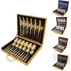 Cutlery Set 24 Pieces [Wooden Box] in Various Colours Stainless Steel Cutlery Set for 6 People Cutlery Set (Gold)