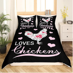 Girl Loves Flower Chicken Comforter Cover 155 x 220 Rustic Farm Animal Print Bedding Set for Girls Kids Teens Room Colorful Floral Decor Hen Duvet Cover Pink Love Heart Bedspread