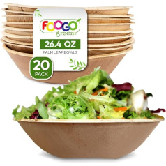 FOOGO Green 20 Disposable Palm Leaf Serving Bowls, 8 Inch Party Salad Bowls, 750 ml, Deep Round, Eco-Friendly Degradable, Wedding, Party, Similar to Wooden Bowl and Paper Bowl, Snack Bowl