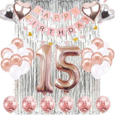 15th Birthday Decorations Rose Gold, Happy Birthday Banner, Number 15 Birthday Balloons, 15 Years Old Birthday Decoration Supplies