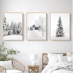 Set of 3 Poster Set, Winter White Pine Wooden House Wall Art Wall Pictures Living Room Pictures, Modern Canvas Pictures Wall Poster, Wall Decoration Pictures, Without Frame (50 x 70 cm)