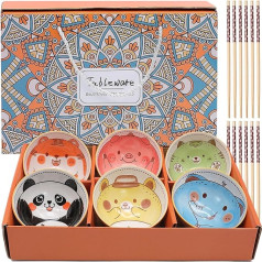 6 x Porcelain Cereal Bowls, Lucky Cat Pattern, Salad Bowl, Gift Set, 300 ml/10 oz, Soup Bowls, for Dessert, Fruit, Ramen (Caricature)