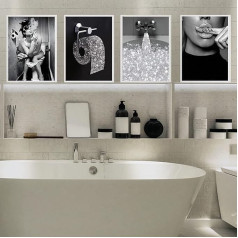 Modern Bathroom Canvas Pictures, 4 Pieces Black and White Canvas Poster Set, Modern Funny Bathroom Wall Art Poster without Frame (B, 4 x 30 x 40 cm)