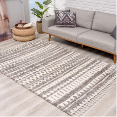 carpet city Deep-Pile Living Room Rug, Ethnic Design, 80 x 400 cm, Grey Cream, Rug Runner with Fringes
