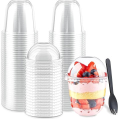 LATERN Pack of 50 Plastic Dessert Cups with Dome Lid, 360 ml Round Dessert Cups Transparent Parfait Appetizer Cup Reusable Serving Bowl with Sporks for Dessert Pudding Mousse