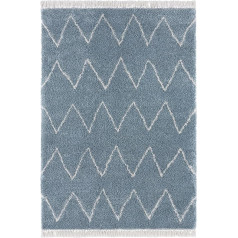 Ruby High Pile Living Room Rug Soft Fluffy Long Pile Shaggy Flokati Skandi Zigzag Pattern with Fringes for Children's Room Bedroom Kitchen Hallway Blue 80 x 200 cm