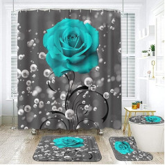 4 Piece Shower Curtain Set with Bath Rugs, Rustic Blue Rose with Butterfly Bathtub Accessories Set - Rug, U Shaped Mat and Toilet Lid Cover, Floral Valentine's Day Room Decor (Grey)