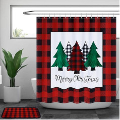 Tatuo Christmas Shower Curtain 72 x 72 Inch Buffalo Plaid Shower Curtain 16 x 24 Inch Plaid Doormat Buffalo Checked Rug and 12 Pcs Shower Curtain Rings for Bathroom (Red-Black)