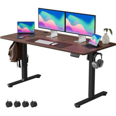 Vosatron Electric Height-Adjustable Desk, 140 x 60 cm, Height Adjustable Desk with Memory Control and Anti-Collision Technology, Wheels, Splicing Board, Black Frame/Mahogany Table Top