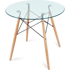 Nidouillet Round Glass Dining Table Coffee Desk with 4 Beech Legs for Kitchen Living Room AB053