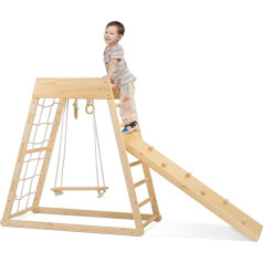 Ogelo Indoor Playground Toddler Wooden Toy Playset 7-in-1 with Climbing Frame, Triangular Climbing Ramp, Slide, Swing, Swedish Ladder, Climbing Frame, Rope Ladder, Rock Wall Dome Small