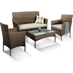 KEPLIN 4-Piece Rattan Garden Furniture Set - Outdoor Lounge Sofa, Chairs and Table Bistro Set for Lawn, Patio and Conservatory - Easy to Store, Stackable, Ideal for Dining Outdoors (Brown)