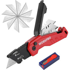 WORKPRO Aluminium Carpet Knife, Foldable Utility Knife with Quick Release Blade and Belt Clip, Folding Knife with Blade Storage, with 13 Additional Blades, Red
