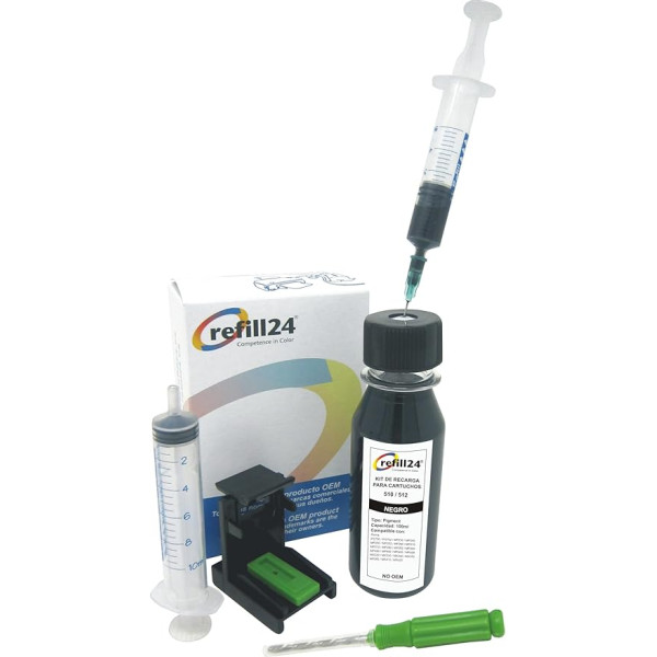refill24 Refill Set: Refill Ink 100 ml Compatible with Printer Cartridges Canon PG-510 PG-512 Black + Accessories + Instructions (English language not guaranteed), Refill Set with Printer Ink for
